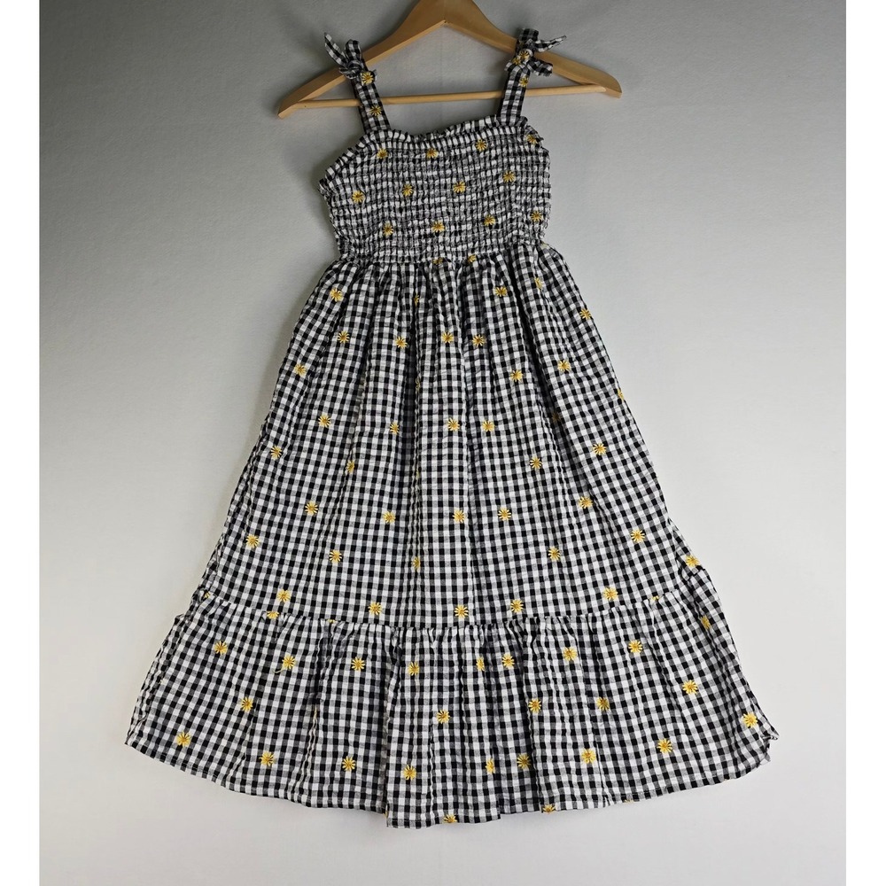 Btween Girls Gingham Daisy Embroidered Smocked Midi Dress Black White Size 10